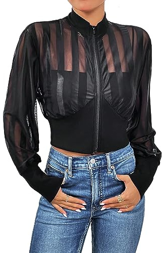 WDIRARA Women's Contrast Mesh Zip Up Bomber Jacket Lantern Long Sleeve Baseball Collar Outwear Crop Jacket Black XL