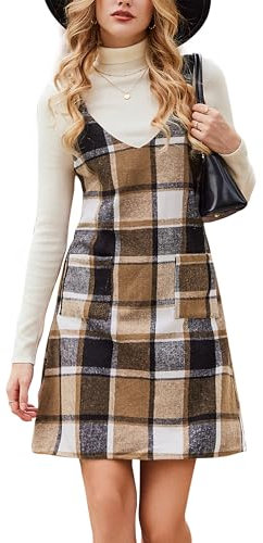 CUPSHE Damen Latzrock V Ausschnitt Hosenträger Taschen Karomuster A Linie Latzkleid Overallkleid Freizeitkleider Plaid Mini Dress Khaki Karo M