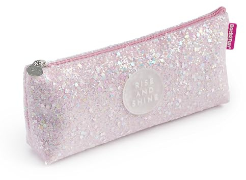 Back2Fun - Portatodo Triangular Brillante, Estuche un Compartimento, Tamaño 200 x 80 x 35 mm, Porta Todo con Purpurina, Tirador metálico, Cierre Cremallera, Papelería Bonita, Rosa