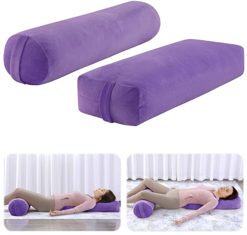 ROYALAY 2 Pcs Yoga Bolster Pillow for Restorative Yoga, Rectangular and Cylinder Meditation Pillow Set with Carrying Handles, Supportive Cushion for Exercise Workout Stretching Meditation,Purple