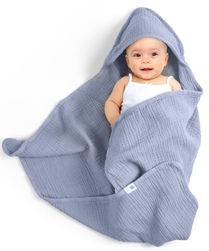 lulumoon babyhandduk huva för badrum: Huvhandduk av muslin bomull 75 x 76 cm – Oeko-Tex, extra mjuk absorberande för värme efter bad creme – för spädbarn 0–18 månader (blå)