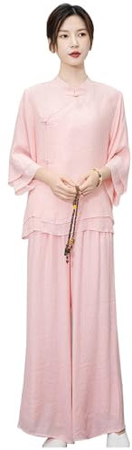 Tai Chi Uniform für Damen, Traditioneller Chinesischer Kung-Fu-Anzug aus Seidenleinen, Kampfsportbekleidung, Dreiviertelärmel, Kleidung für Morgengymnastik,Pink-XL