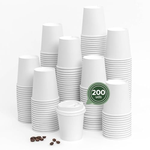 Maxi Products - 200 gobelets en carton blanc + couvercle blanc - 200 cc (7 oz) - Gobelets jetables pour café à emporter - Recyclables - Convient aux aliments chauds - TAKE AWAY