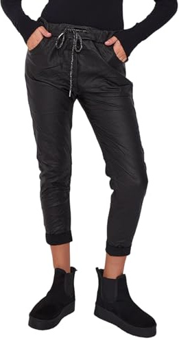 Women Wetlook Magic Trouser Pants, Ladies Faux Leather Soft Stretch Comfy Italian Bottoms with Pockets for Gym Training Workout (Black, 10-14)