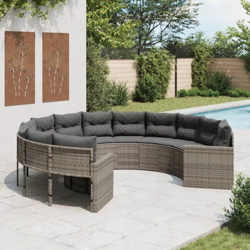 Qnhdfrt Rundes Gartensofa Grau mit Kissen aus PE-Rattan und Stahlrahmen, Wetterbeständig und Bequem für Garten, Terrasse und Balkon