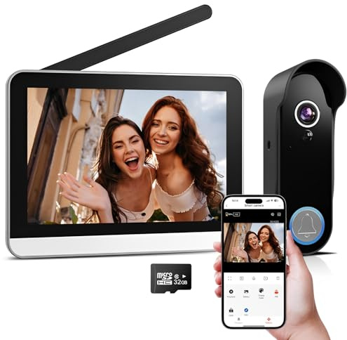 XPJ Visiophone Sonnette sans Fil avec Camera et 7 Ecran Moniteur 1080P WiFi Interphone Vidéo Connecté ave Batterie, Vision Nocturne, PIR Détection de Mouvement, Audio Bidirectionnel, Tuya APP