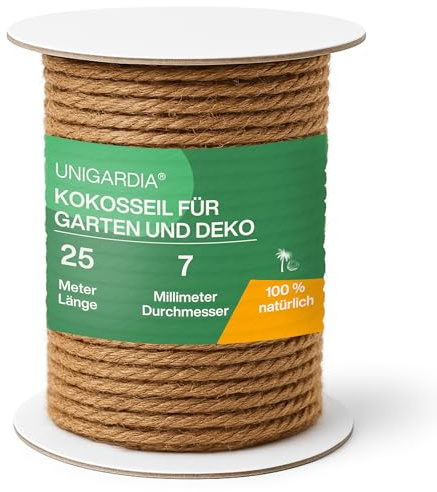UNIGARDIA Kokosseil für Pflanzen 25 m - Kokosstrick für Bäume 7 mm - Kokosschnur als Baumbinder, Rankhilfe, Gartenschnur - 100% Naturband für Dekoration & Kokosfaser für Kratzbäume