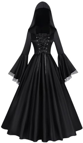 Genérico Disfraz Medieval de Bruja,Vestimenta Gótica con Capucha | Vestido Largo De Bruja Negro Para Halloween | Para Hija Novia Amigas Hermanas Madre Casa Encantada Teatro