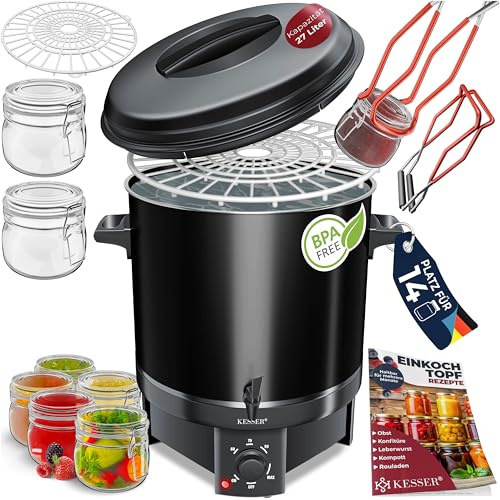 KESSER Einkochautomat 27 Liter, Edelstahl| 1800 Watt | Temperatur von 30-100°C | Dauerbetrieb | Abschaltautomatik Einkochvollautomat Heißgetränkeautomat Glühweintopf mit Zange & 2 Gläsern, schwarz