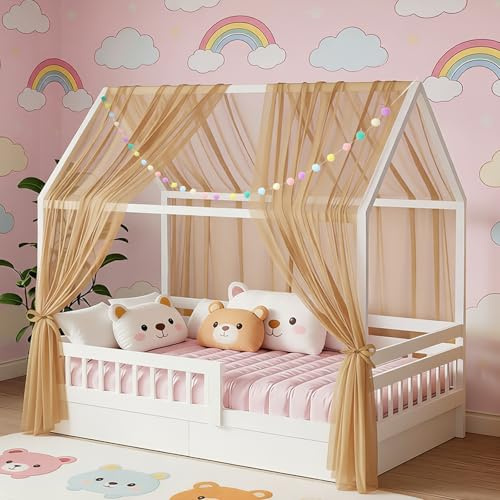 DOINEUFL 2 Piezas de Dosel para Cama Infantil, 160 x 350 cm, con Guirnalda de Pompones de Colores y Cintas de fijación, Cortinas de Tela Ligera y Transpirable para decoración de Cama de casa (Caqui)
