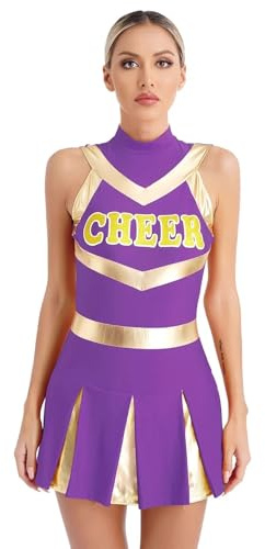 CNYUON Glänzende Cheerleading-Uniform for Damen, Cheer-Dance-Kleid, Kostüm, Plissee-Print-Kleid, jugendliche, sexy Schulmädchen-Squad-Outfits mit Accessoires(Purple,M)