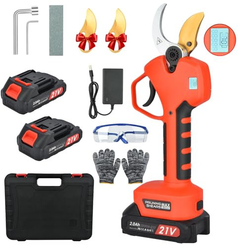 Tijeras de podar eléctricas de 50 mm, tijeras de podar a batería con LCD y 2 21 V/2000 mAh batería, tijeras de podar eléctricas profesionales para jardinería, árboles frutales y vides granja