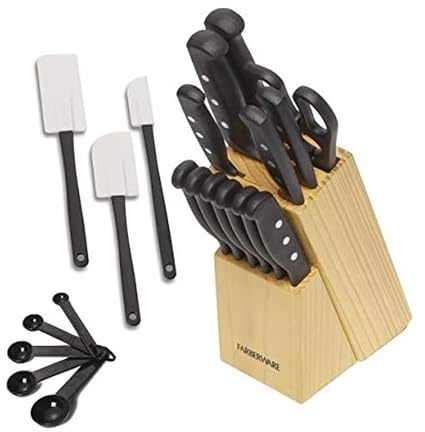 Farberware 22-Piece Never Needs Sharpening Triple Rivet High-Carbon Stainless Steel Knife Block and Kitchen Tool Set, Black, Durable AND Precision Cutlery