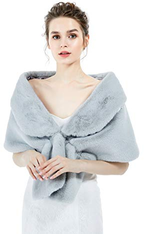 BEAUTELICATE Kunstpelz Schal Stola Damen Pelz Bolero Brautjacke Brautstola Brautschal für Braut Winter Hochzeit Festlich Abendkleid Fasching Halloween Weihnachten (Grau, M)