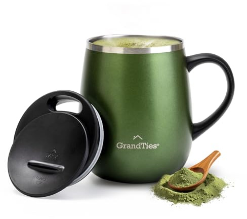 Grandties Isolierter Kaffeebecher mit Griff – Schiebedeckel für spritzwassergeschützte 473 ml -Form Thermosbecher mit doppelwandigem Vakuum-Edelstahl, hält Getränke heiß & kalt – grün metallic