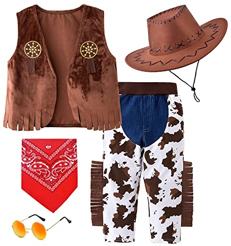 ZZIHAN Kids Cowboy Costume Chaps Vest for Boys Role Play Cowboy Cowgirl Hat Bandanas Sunglasses Dress up Accessories for Toddlers Boys Girls Birthday Party Halloween Christmas Cosplay Gift 7-8 Year