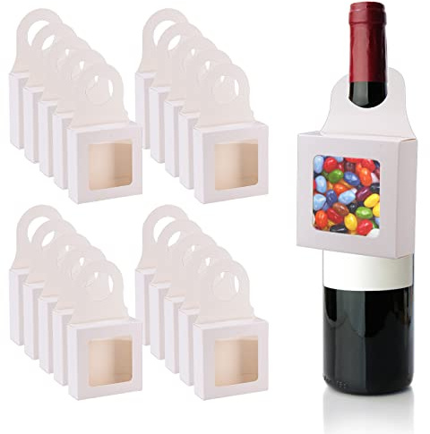 Sempoda Scatola per bottiglie di vino con finestra, 25 scatole per bottiglie di vino in carta kraft, pieghevoli da appendere, per matrimoni, snack, cioccolatini, caramelle, decorazioni (bianco, 8,9