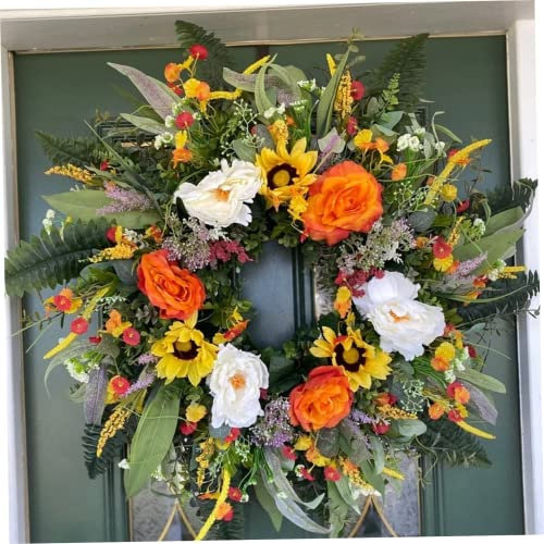 DierCosy Sunflower Wreaths, 40cm/15.7inch Artificial Sunflower Hanging Wreath, Front Door Wildflowers Garland, Spring Summer Peony Flower Wreath for Home Door Decoration
