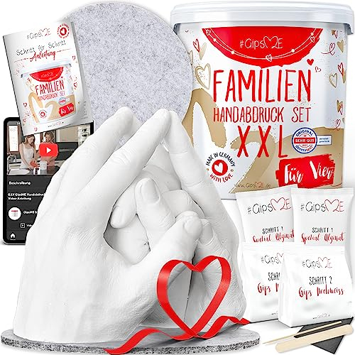GipsME XXL 3D Handabdruck Set Familie Gipsabdruck für 4 Hände + Sockel Made in Germany - Premium Familien Gipsabdruck-Set - Personalisierte Geschenke - Handabdruckset + Video