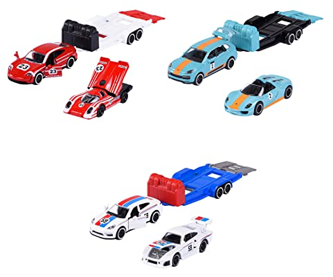 Majorette - Porsche Race Trailer Set (3 Véhicules) - 2 Voitures Jouets & 1 Remorque (3 Variantes, Aléatoire), Jouet pour Enfants à partir de 3 Ans