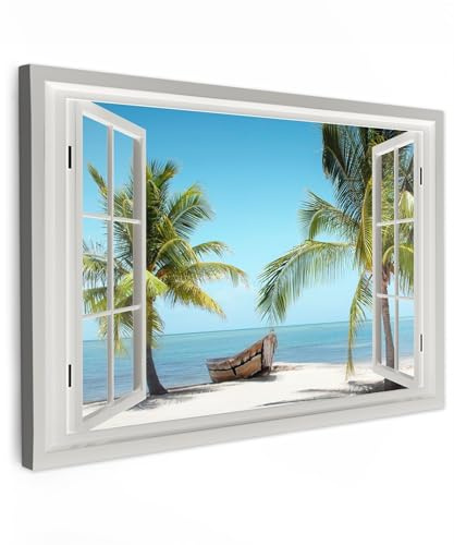 MuchoWow© Quadros Decoração Sala 120x80 cm Cuadros Decoracion Dormitorios Lienzos Decorativos para Dormitorios Modernos Vista desde la ventana - Playa - Palmera - Barco - Tropical - Mar