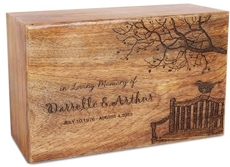 Urna de cremación de madera personalizada para cenizas humanas, caja decorativa, urnas funerarias para adultos, machos y mujeres, árbol de la vida con pájaro en silla, bolsa de satén (grande, 9 x 7 x