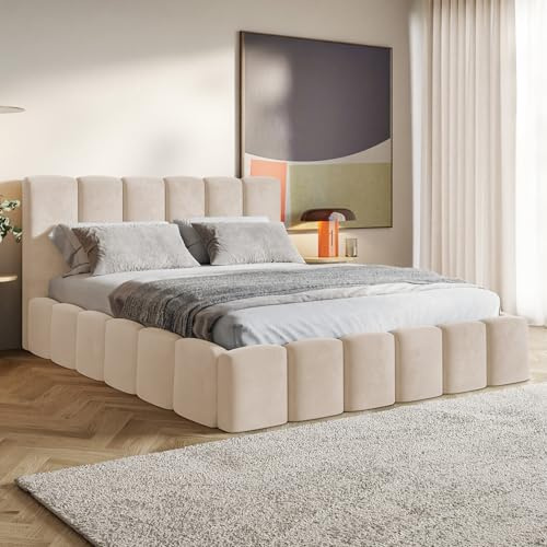 MOTIVENA Nunu Cadre de Lit Bubble 160x200, avec Sommier sans Matelas, avec Rangement, Capitonné, Rembourré, sans Pieds, Velours, avec Tête de Lit Coffre 160x200 Beige Crème
