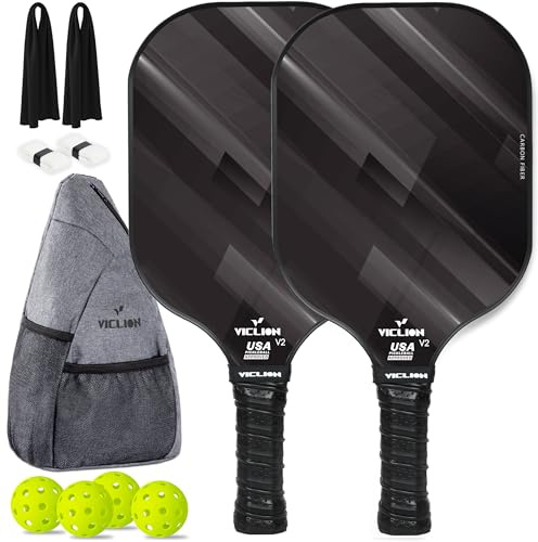 VICLION Lot de 2 Raquettes de Pickleball en Fibre de Carbone T300, Homologuées USA Pickleball, Surface Texturée, Noyau PP 13 mm, avec 4 Balles, 2 Serviettes Rafraîchissantes et Sac