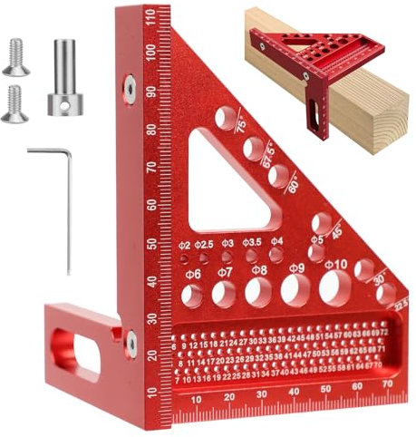 3D Multiángulo Escuadra Carpintero, 22.5-90°Transportador de Angulos Aleación de Aluminio Escuadra Rapida Herramientas de Medición, Transportador Carpintería Regla de Medición, Woodpeckers Tools, Rojo