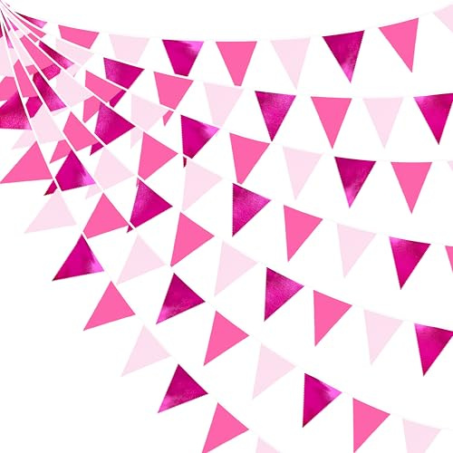 32Ft Rose Vif Banderole - Guirnalda para decoración de fiesta metálica, rosa oscuro, rosa, claro, tejido triángulo, bandera para niña, cumpleaños, bautizo, boda, rosa de octubre, jardín, fiesta Decor