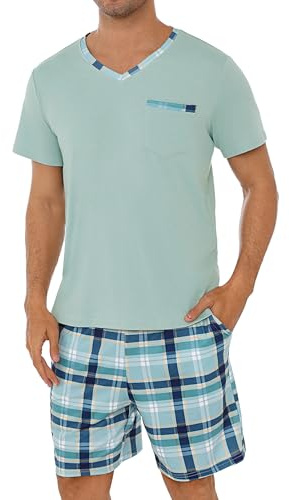 Leversic Pijamas de Verano Hombre 2 Piezas Corto Conjunto de Pijama a Cuadros con Cuello en V Cortos para Dormir con Bolsillos S-3XL(Verde Menta,L)