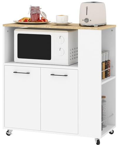 HOMCOM Carrello Cucina con Ripiano Aperto, Armadietto a 2 Ante e Scaffale Laterale a 2 Livelli, Carrello Multiuso con Ripiano Regolabile in Legno, 75x40x80.5 cm, Color Bianco e Rovere