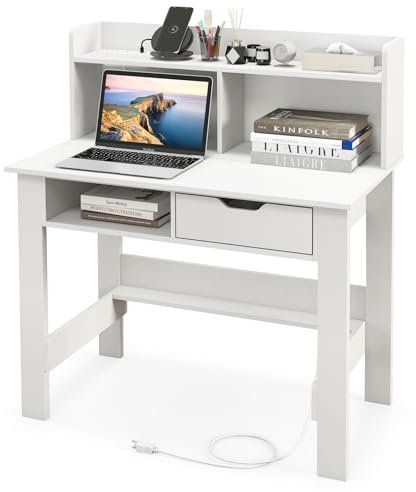 COSTWAY Schreibtisch mit Steckdosen, Kleiner Computertisch mit Aufsatz, offenem Fach & Schublade, PC-Tisch, Bürotisch für Home Office, 95 x 56 x 109,5 cm, Weiß (Weiß)