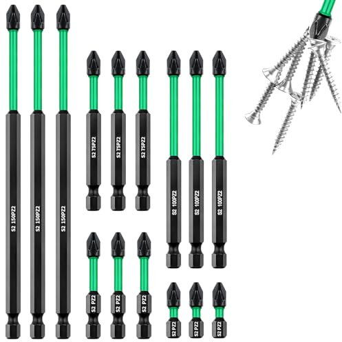 15 Pcs PZ2 Impact Driver Bits Magnetic Drill Bits S2 Steel Long PZ2 Impact Driver Bits Heavy Duty Pozidriv Long Screwdriver Bits Set 150MM 100MM 75MM 50MM 25MM Black Oxide Coated PZ2 Impact Bits