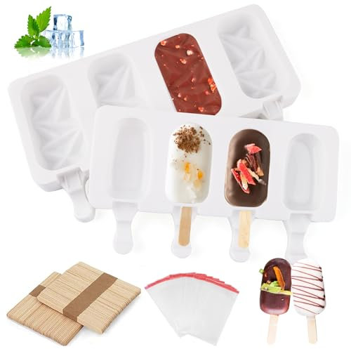 2 Pezzi Stampi per Ghiaccioli, CIYIN Stampi per Gelato, Ghiaccioli Riutilizzabili, Stampi Gelato Silicone con 100 Bastoncini, 100 Sacchetti Autoadesivi, per Ghiaccioli DIY, Budino, Cioccolato