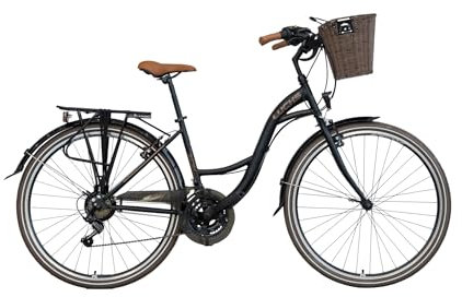 LUCHS 24 26 28 Zoll Feline Citybike mit Rattankorb – Hollandrad 21 Gang, Kinderfahrrad, Mädchenfahrrad & Damenfahrrad (26 Zoll (21Gang), Onyx (Schwarz))