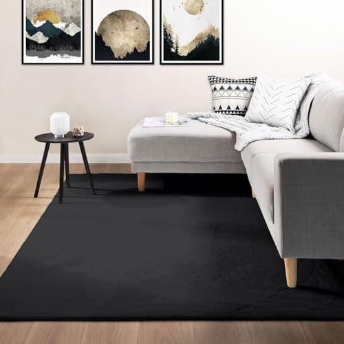 VIMODA Teppich Wohnzimmer Schlafzimmer Flauschig, kurzflorig – waschbar und Fußbodenheizung geeignet,Farbe:Schwarz;Maße:160x220 cm