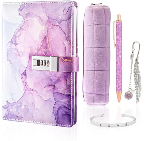 KQDRAVINE Set di Cancelleria Viola Diario con Lucchetto con Biro Segnalibro Braccialetto Astuccio per Matite, Regali per Ragazze di 7 8 9 10 11 12 13 14 Anni