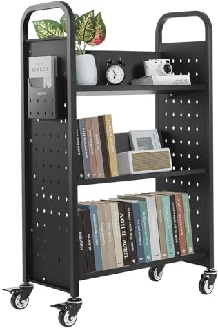VEVOR Chariot à Livres, Capacité de Charge 150 kg, Chariot de Bibliothèque, 77 x 38 x 122 cm, Étagère de Rangement Livres Simple Face en V avec roulettes Double Frein, pour Salon, Bureau, École, Noir