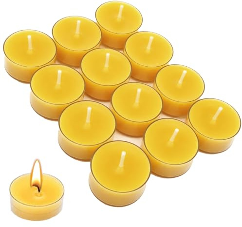 Vfrdsa Beeswax Tea Lights Candles 12pcs – 100% Pure Beeswax Natural Organic Non Toxic, 5 Hour Clean Burning Eco-Friendly Tealights for Indoor/Outdoor Ambiance (Home, Garden, Relaxation & Celebrations)