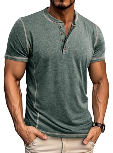 Men's Henley Shirt Cotton Buttons Basic Summer Short-Sleeved T-Shirts for Men