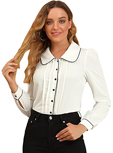 Allegra K Women's Peter Pan Collar Shirt Long Sleeve Elegant Button Down Work Blouse, White, M