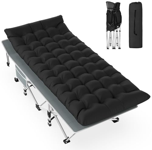 Slendor Folding Camping Cot Black, Sleeping Cot for Adults with Carry Bag, Mattress, 1200D Layer Oxford Portable Camp Bed Cot Bed for Guest Travel Office Beach
