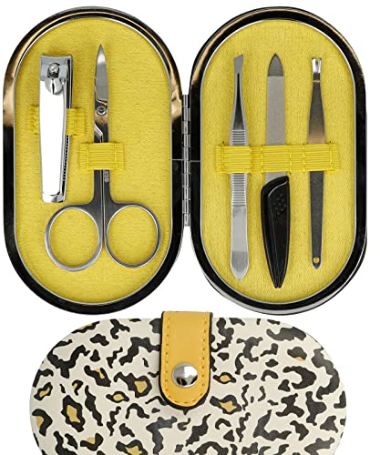 CLAUSS Maniküre Set 5-teilig plus Etui, mit Nagelschere, Feile, Pinzette, Nagelknipser und Nagelhautentferner, Carbonstahl, rostfreier Stahl, Leo, creme braun schwarz, CL-96111