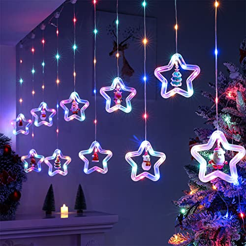 BLOOMWIN Ljusslinggardin fönster juldekoration, stjärnor ljusgardin med juldekorationer, julbelysning fönster ljusslinga inomhus 3 m 8 lägen USB färgglad