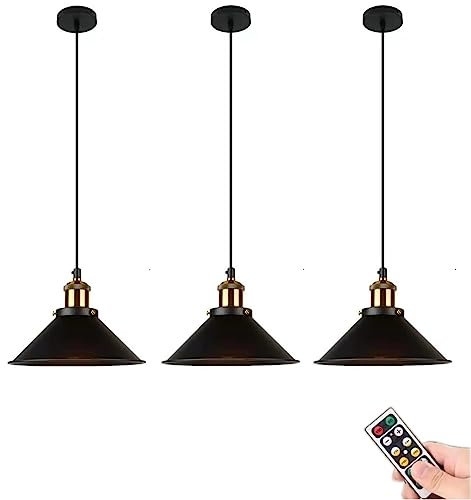 ANUOMY 3 Lights Battery Operated Pendant Light with Remote,Indoor Black No Wiring Ceiling Hanging Lamp,Vintage Wireless Pendant Lighting Chandelier Fixture for Farmhouse Dining Room Kitchen Island