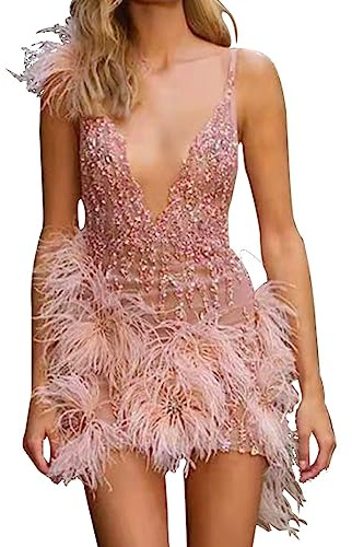 LOIJMK Abito da festa da donna con piume, abito con spalline, sexy, ballgown da donna corto, con profondo scollo a V, abito da cocktail da donna elegante, outfit da festa funky da donna con