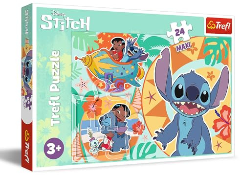 Trefl - Lilo & Stitch, Joyeuse journée de Lilo & Stitch - Puzzle 24 Maxi - 24 Grandes Pièces, Puzzle Colorés avec Personnages de Bande Dessinée, Loisir pour Les Enfants à partir de 3 Ans