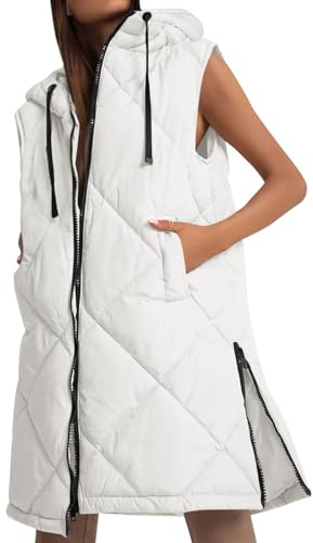 Imily Bela Chaleco Acolchado para Mujer Con Capucha, Ligero, Sin Mangas, Chaqueta de Entretiempo, Informal, Largo, Blanco, M