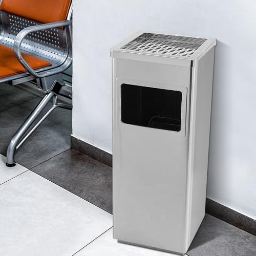 HUOLE Cenicero de Pie Rectangular para Exteriores de Acero- Cenicero Exterior con Papelera Extraíble. Papelera con Rejilla para Apagar Cigarrillos. 35L-24 * 24 * 60 cm-1 ud.-plata